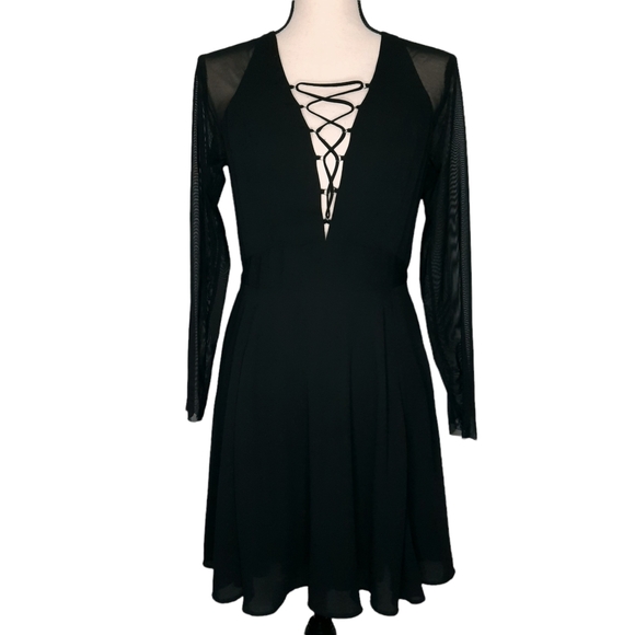 Express Dresses & Skirts - Express Black Lace Up Skater Dress with Sheer Sleeves